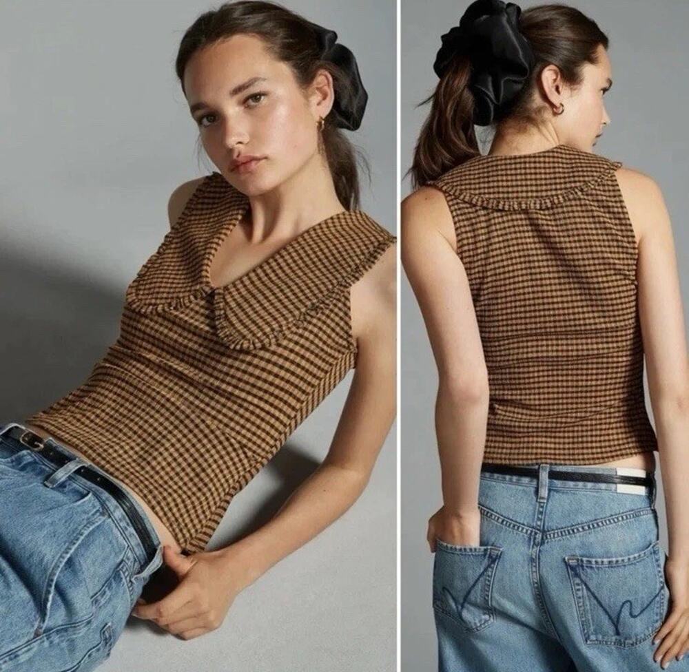 Anthropologie Maeve Size Medium Ruffled Round-Collar Gingham Tank Top